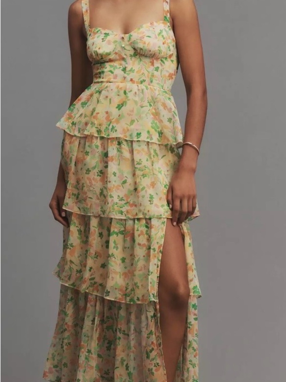 Anthropologie Astr The Label Yellow Floral Tiered Maxi Dress with Green Accents
